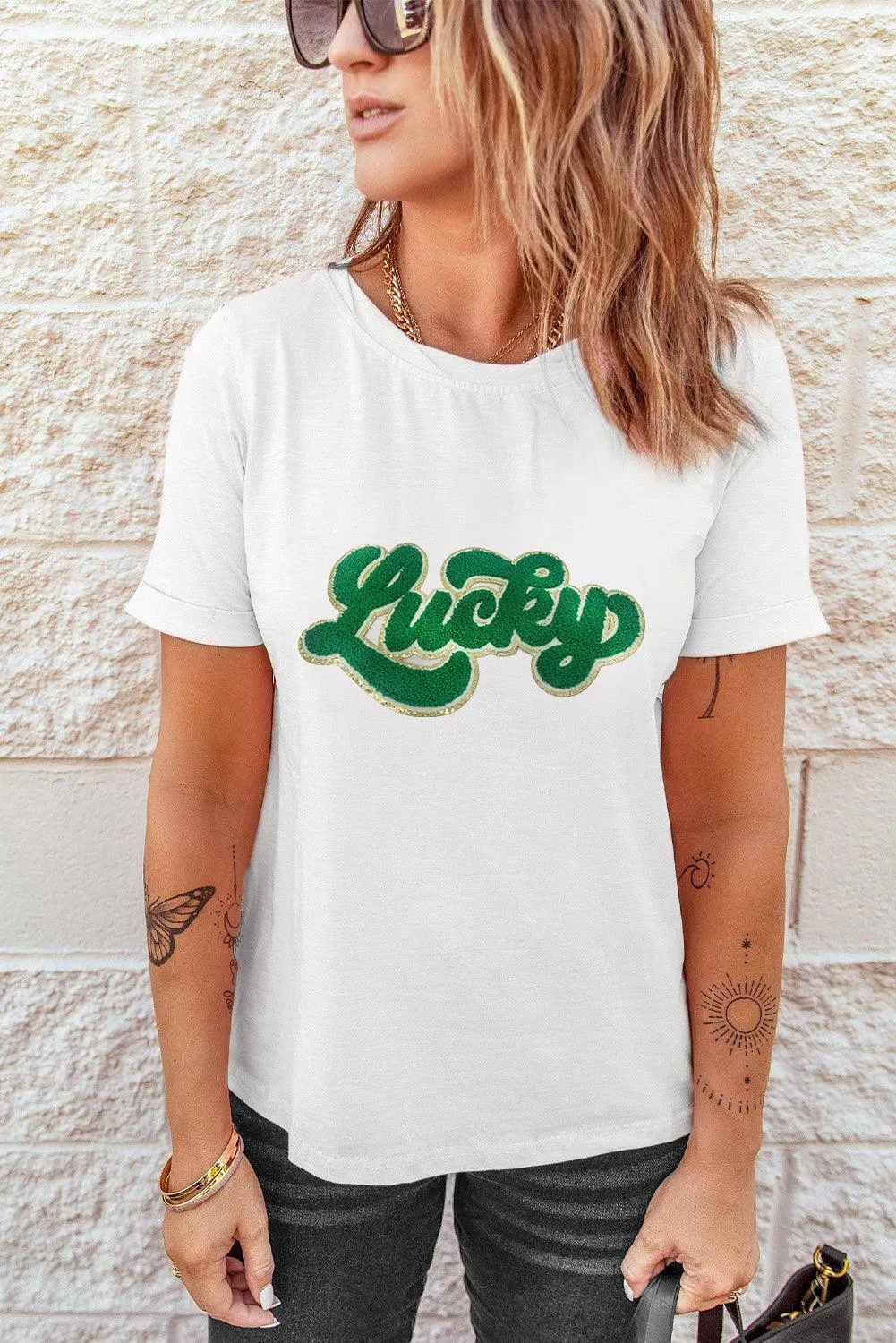 Green Lucky Chenille Glitter Patch Graphic T Shirt