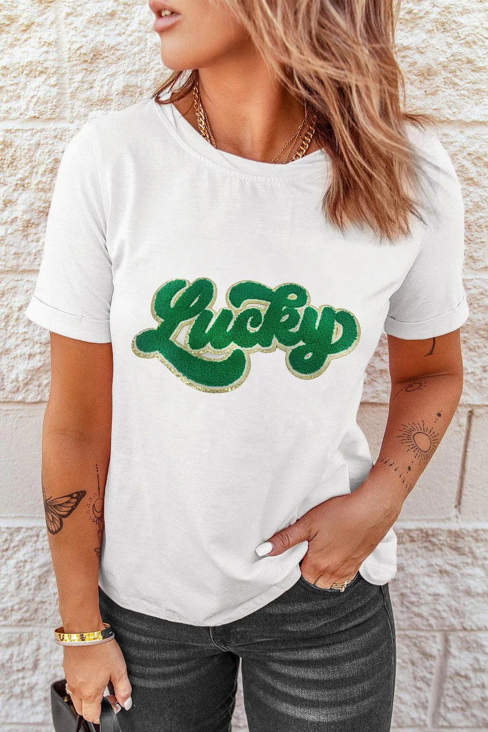 Green Lucky Chenille Glitter Patch Graphic T Shirt