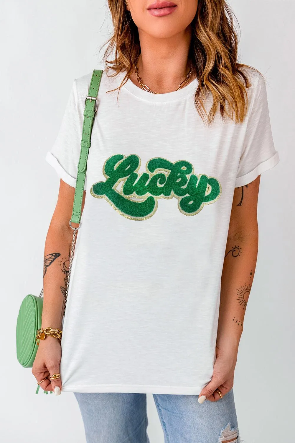 Green Lucky Chenille Glitter Patch Graphic T Shirt