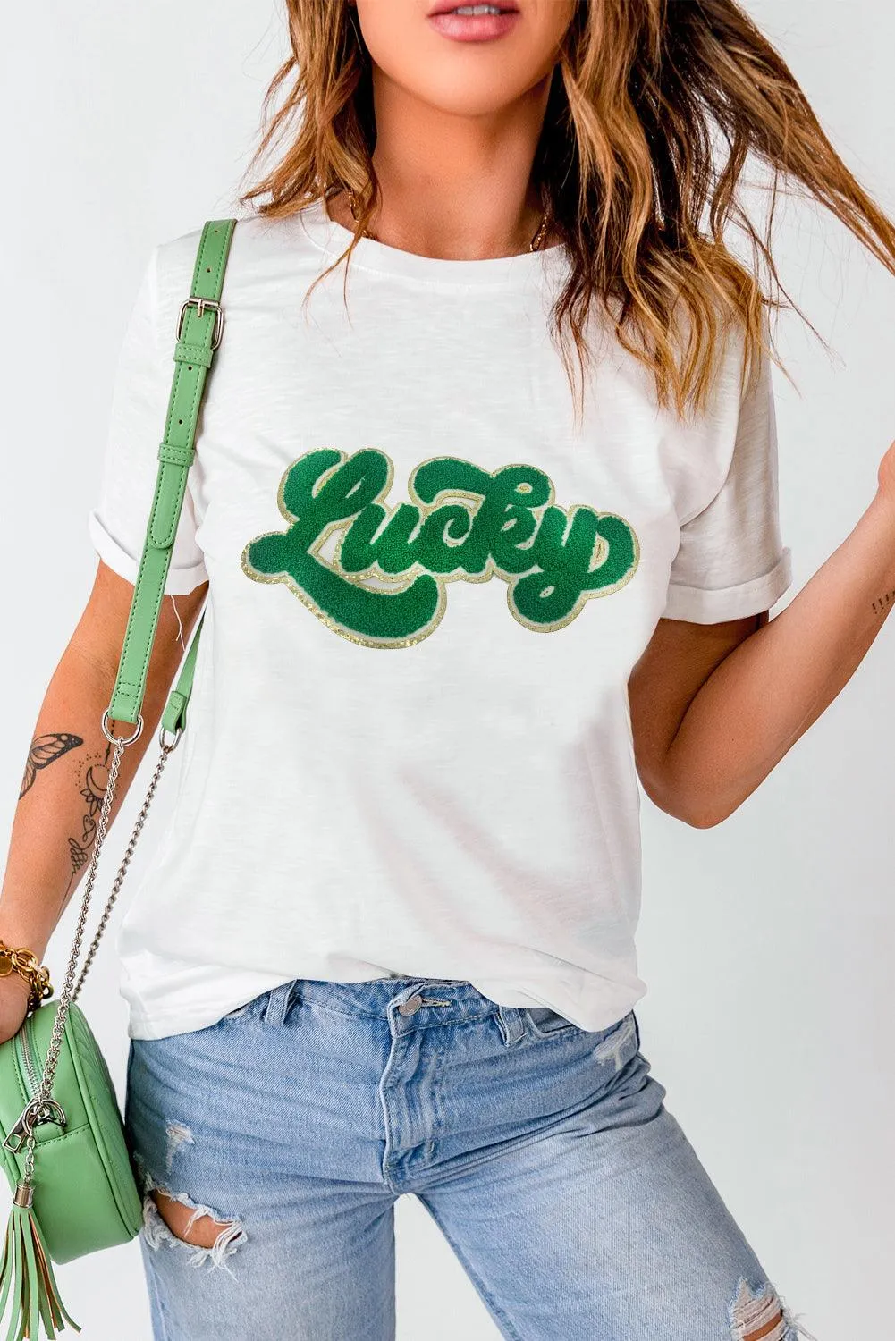 Green Lucky Chenille Glitter Patch Graphic T Shirt