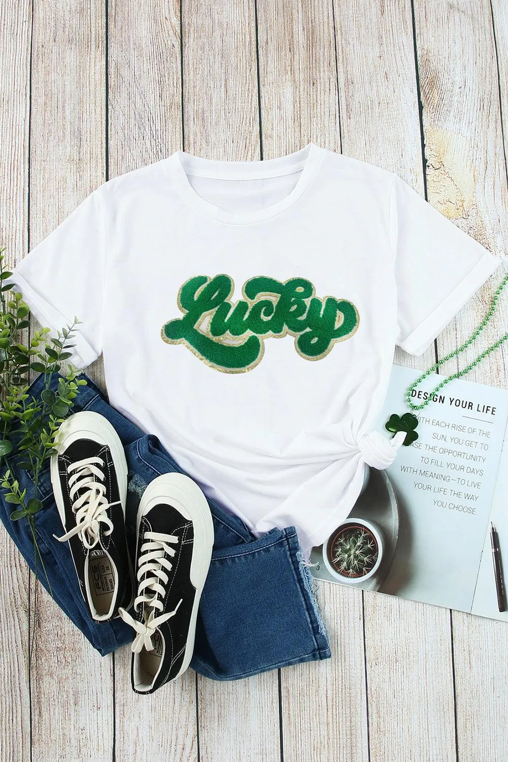 Green Lucky Chenille Glitter Patch Graphic T Shirt