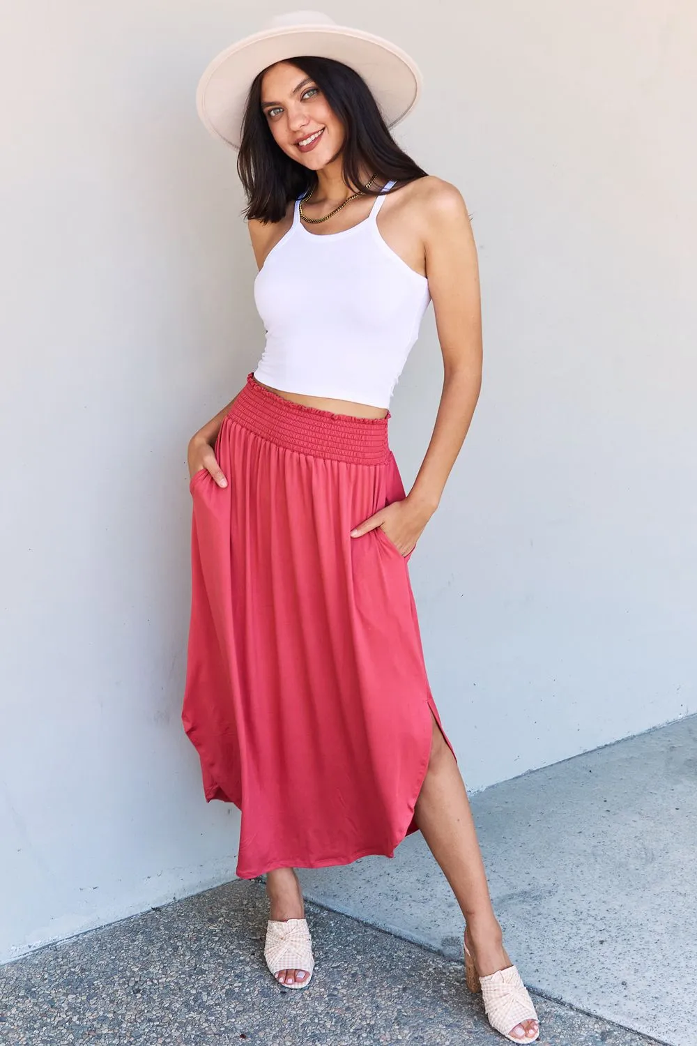 High Waist Scoop Hem Maxi Skirt in Hot Pink