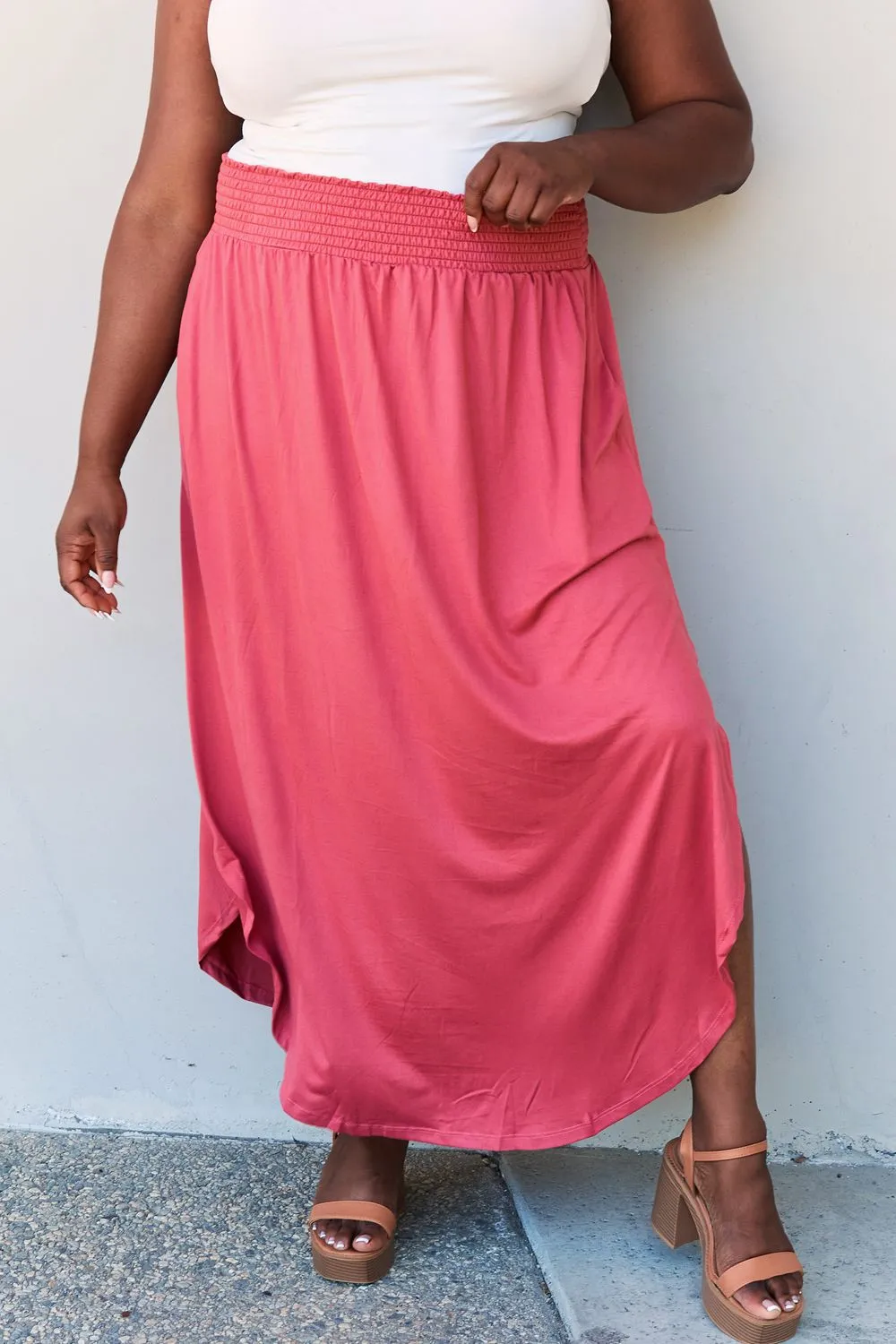 High Waist Scoop Hem Maxi Skirt in Hot Pink