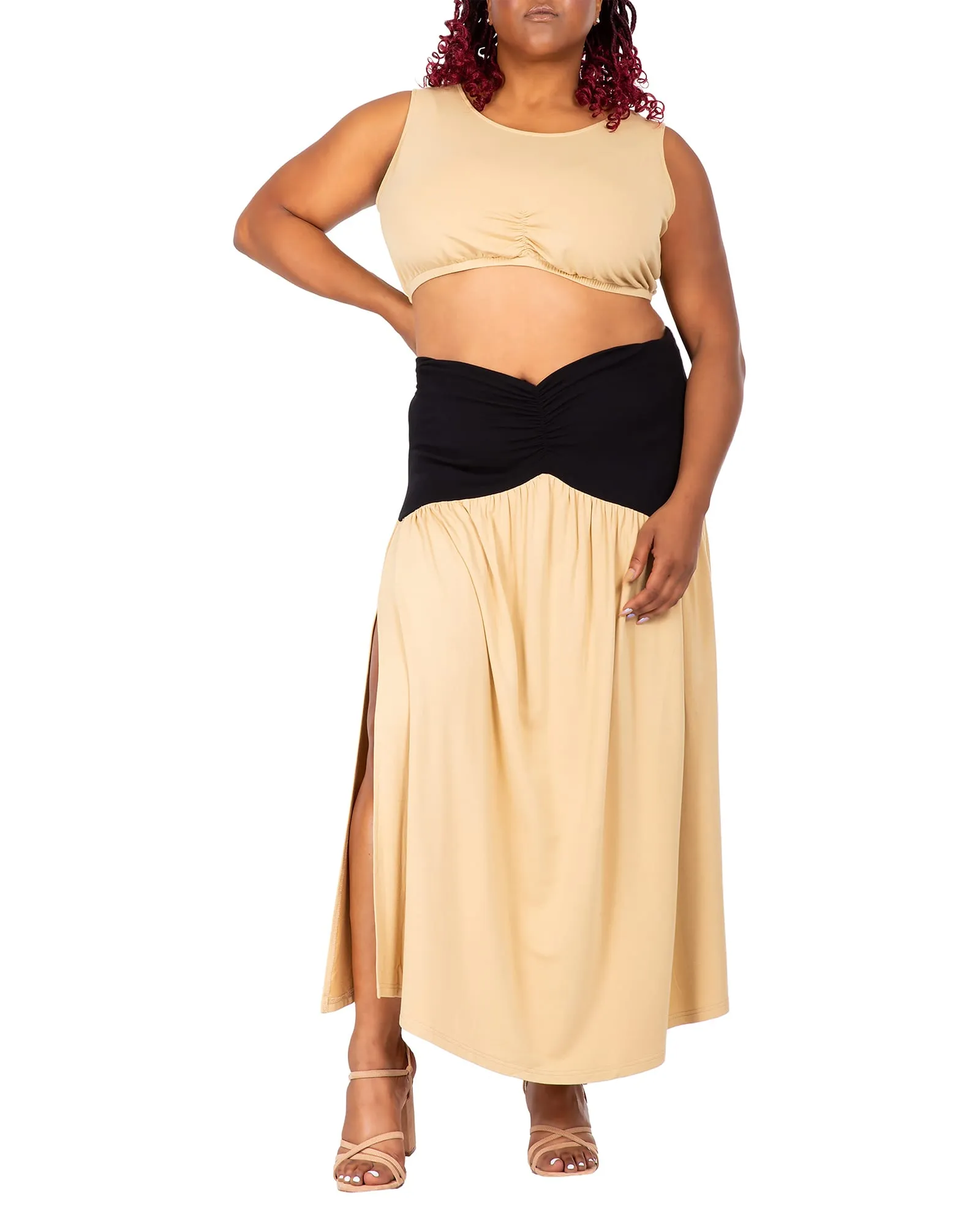 Julia Side Slit Flare Maxi Skirt | Tan