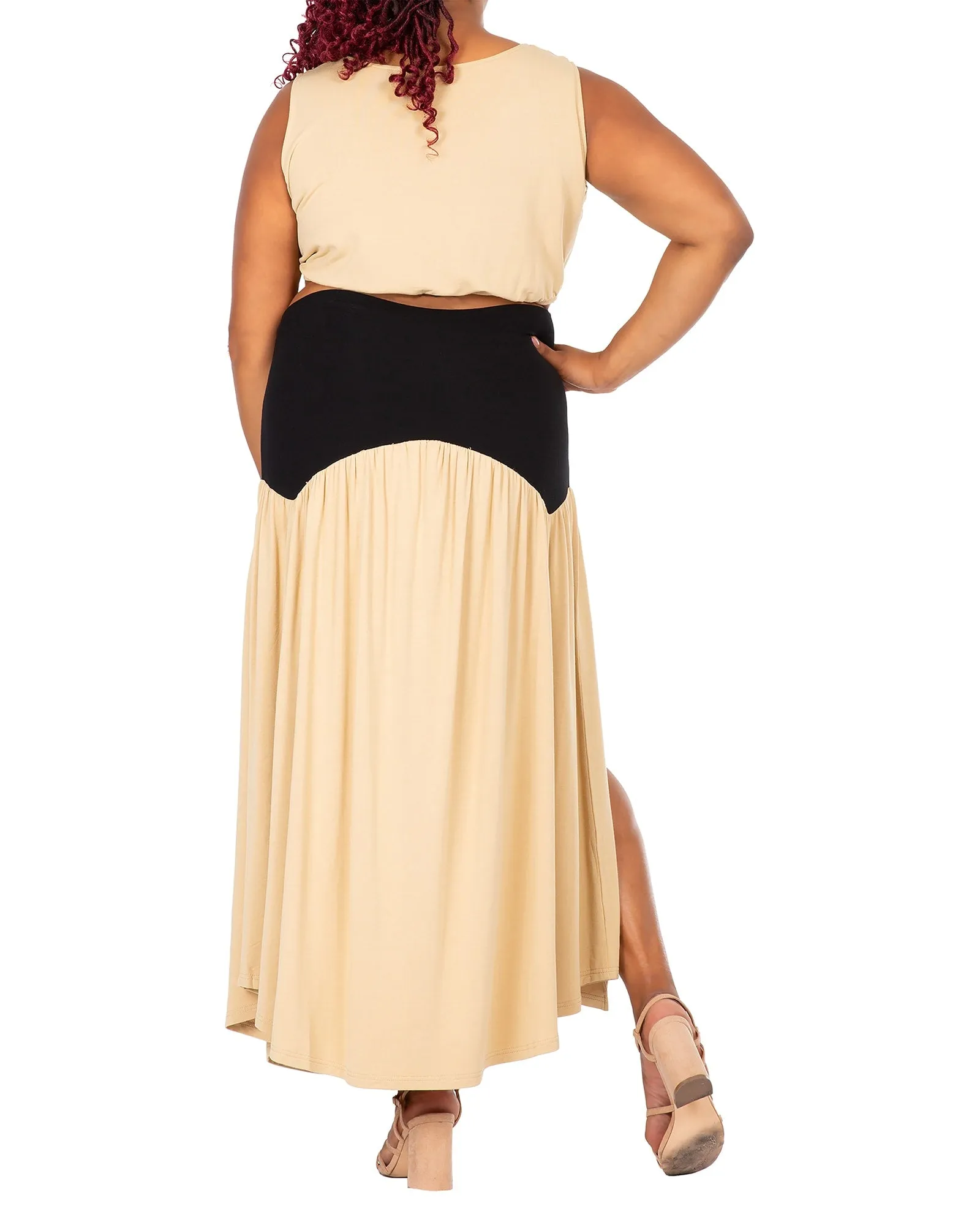 Julia Side Slit Flare Maxi Skirt | Tan