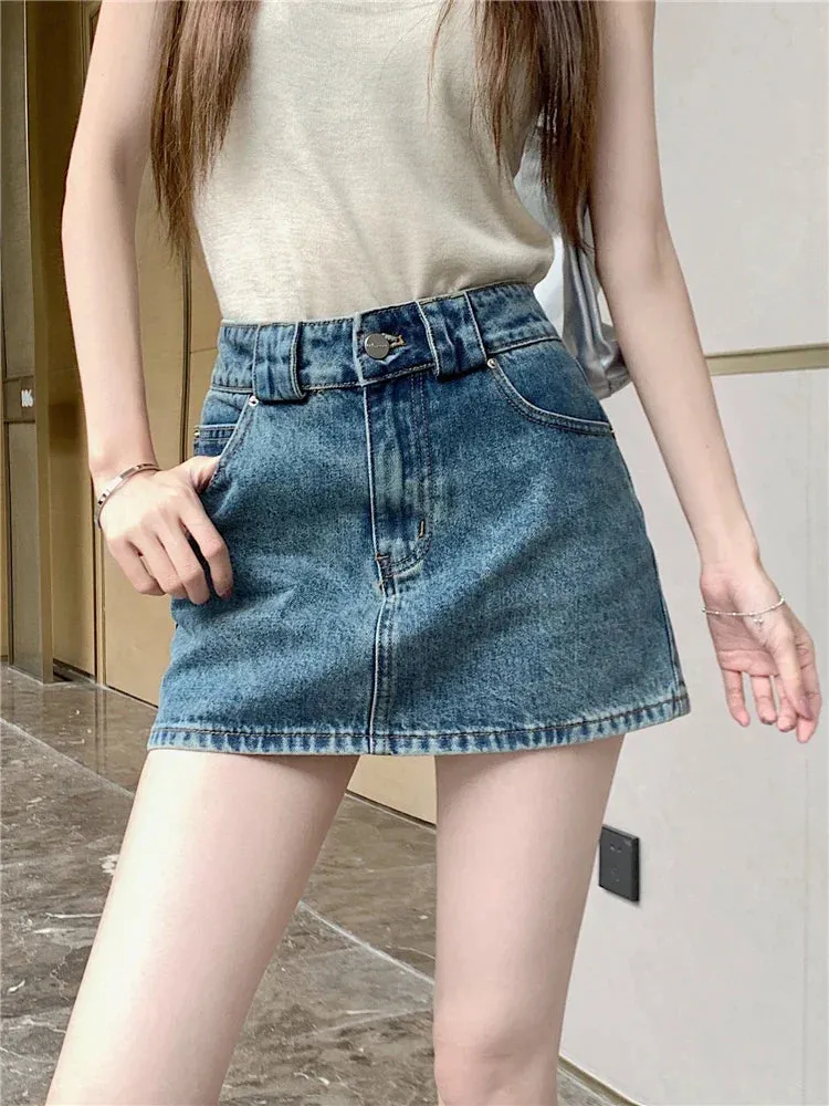 Korean Vintage Summer Casual High Pockets Street Denim Waist Skirt