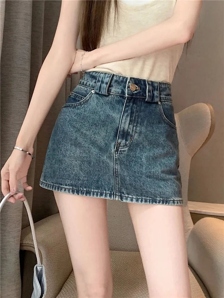 Korean Vintage Summer Casual High Pockets Street Denim Waist Skirt