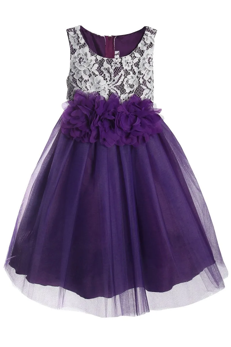 Lace Illusion Girls Dress with 3 Mesh Flowers