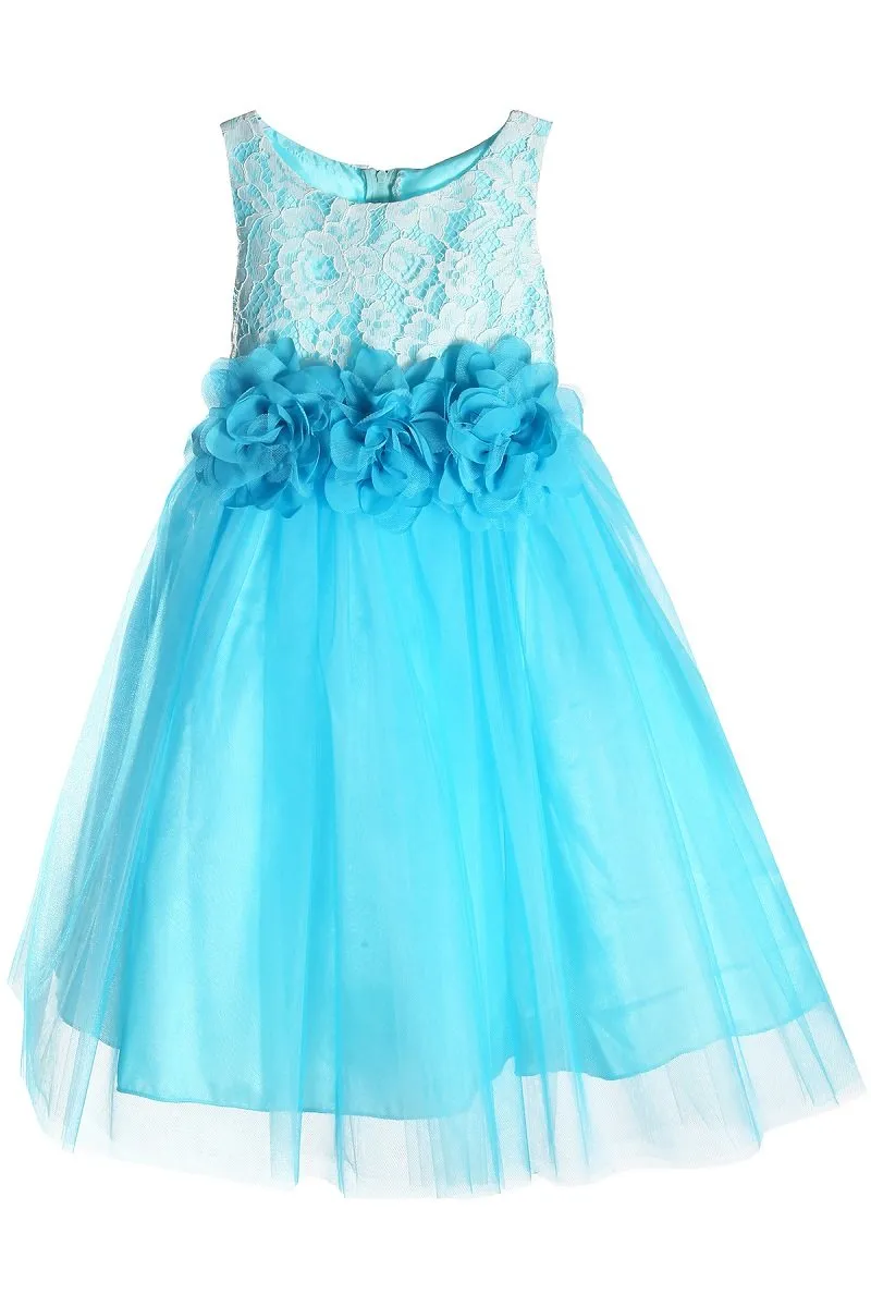 Lace Illusion Girls Dress with 3 Mesh Flowers