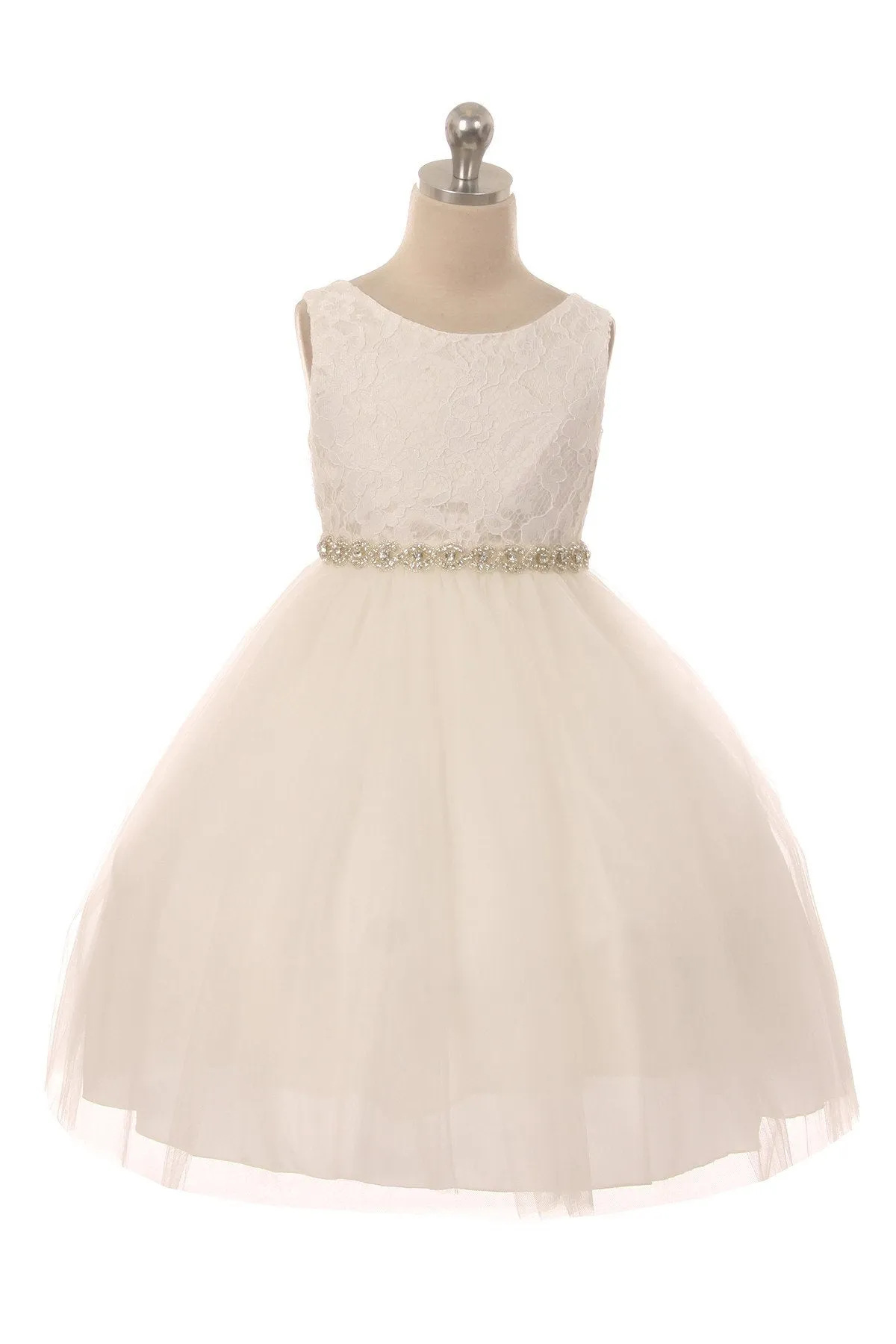 Lace Illusion Girls Dress with Rhinestone Trim