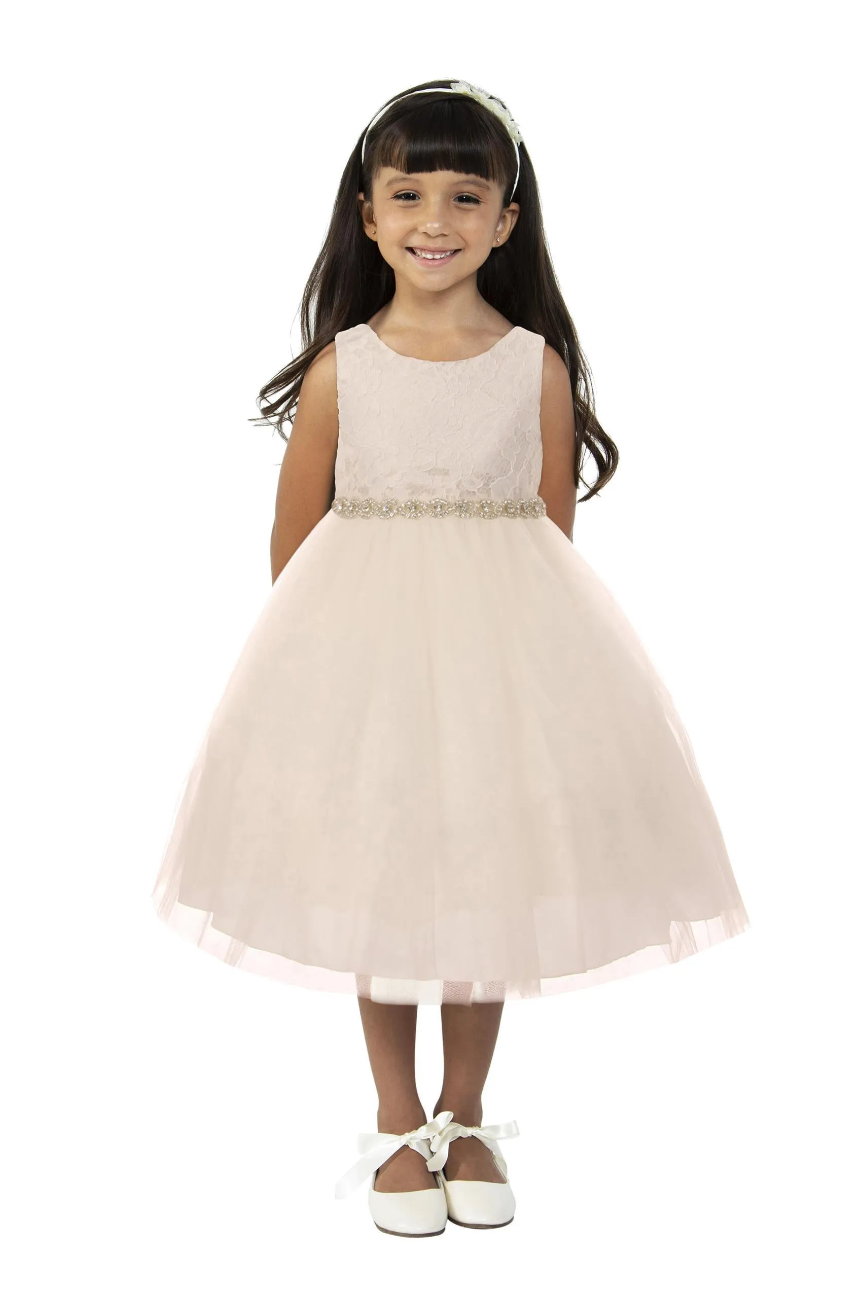 Lace Illusion Girls Dress with Rhinestone Trim