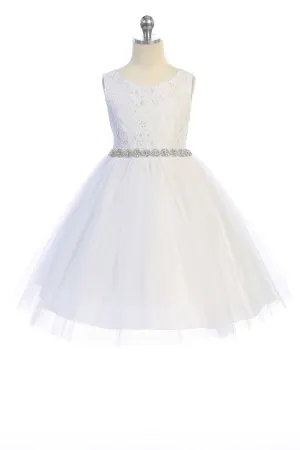 Lace Illusion Girls Dress with Rhinestone Trim