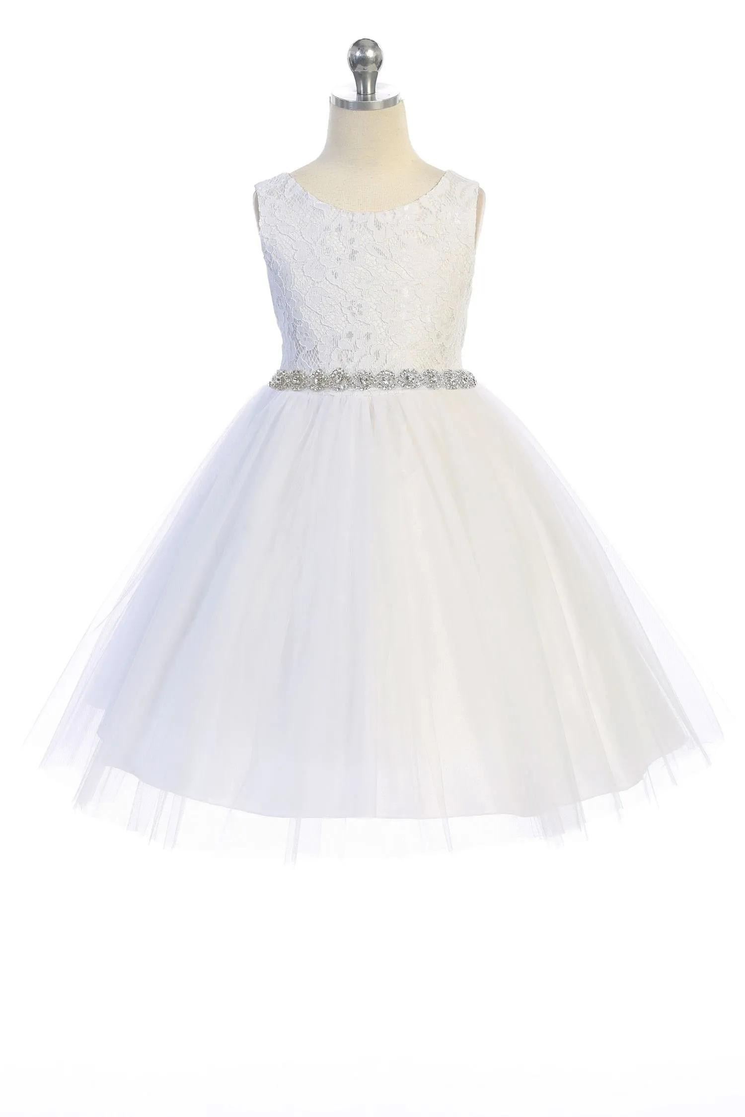 Lace Illusion Girls Dress with Rhinestone Trim