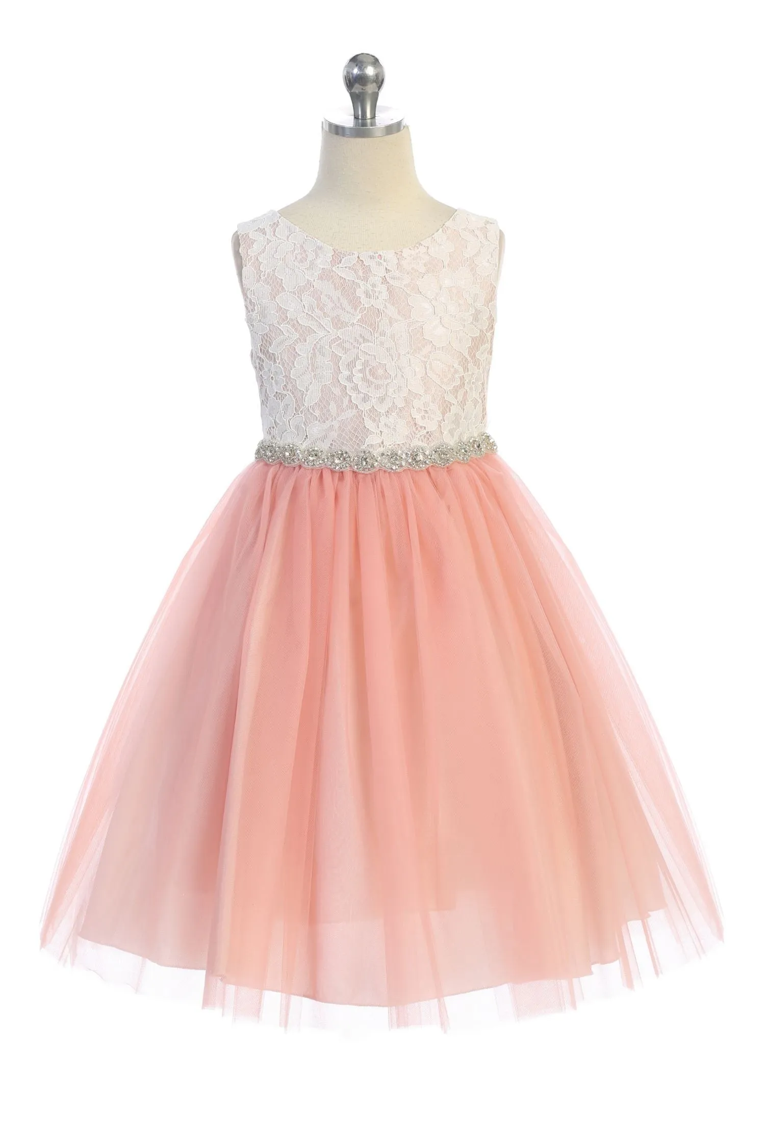 Lace Illusion Girls Dress with Rhinestone Trim