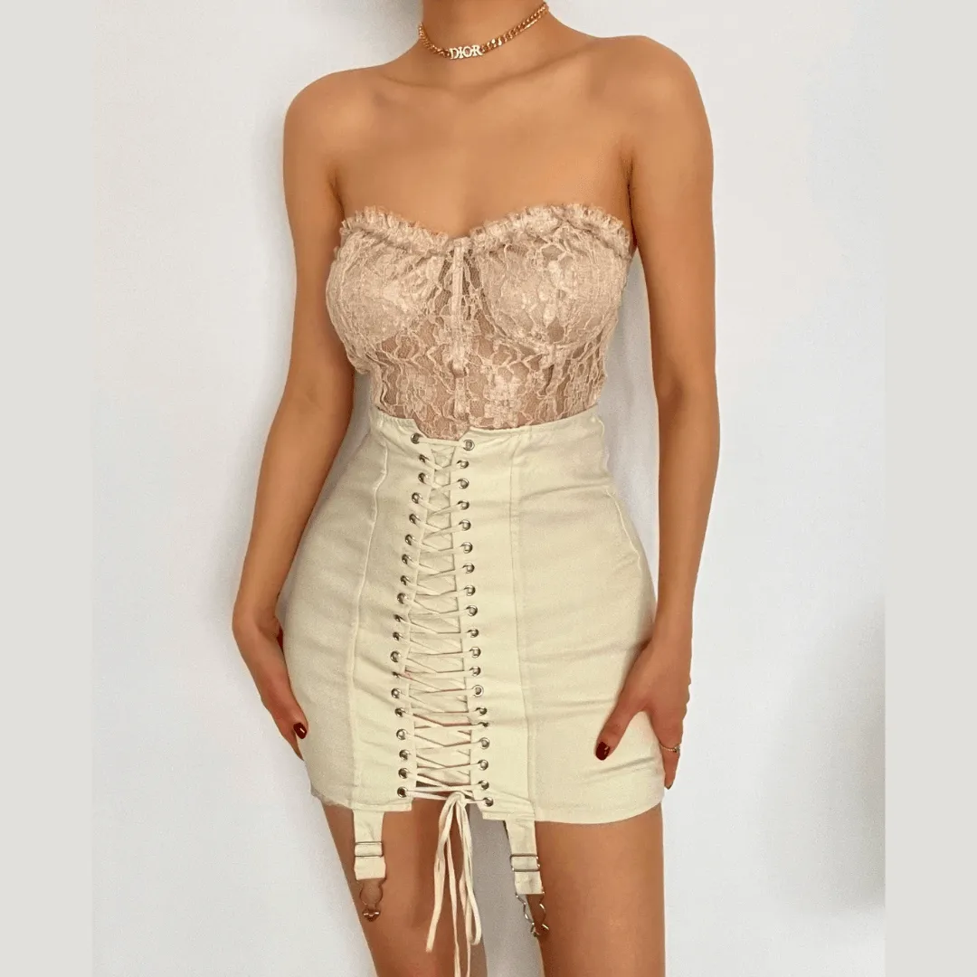 Lace up front high waist vintage skirt