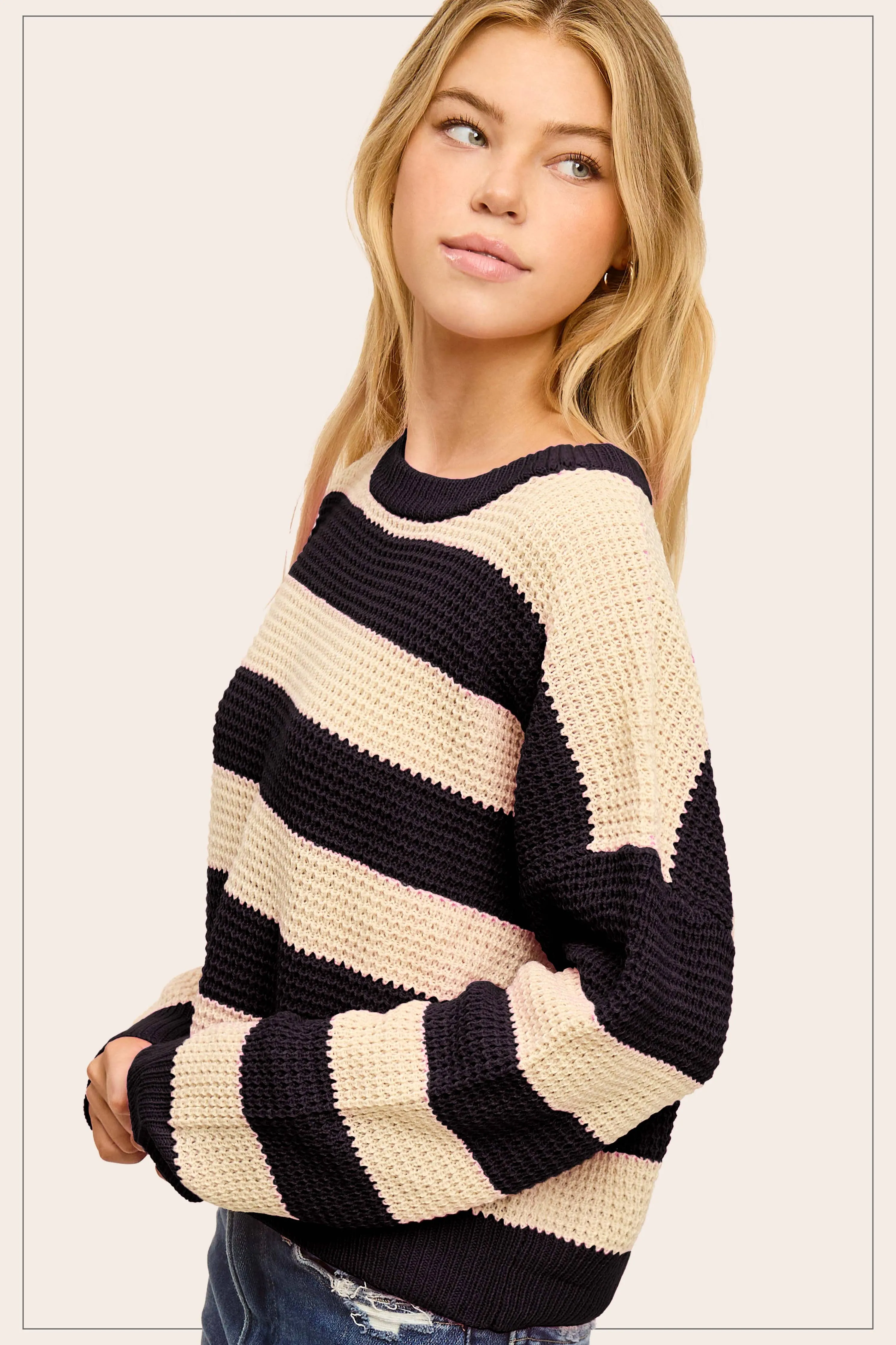 Loose Fit Striped Round Neck Long Sleeve Sweater