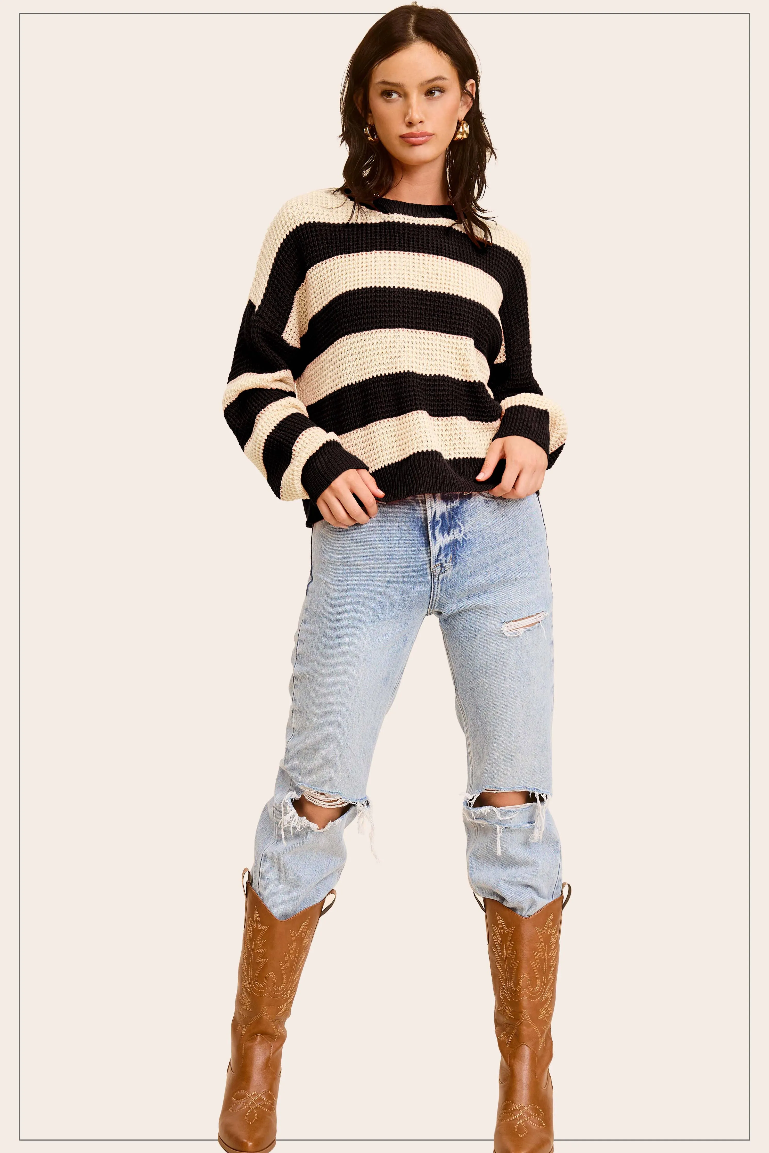 Loose Fit Striped Round Neck Long Sleeve Sweater