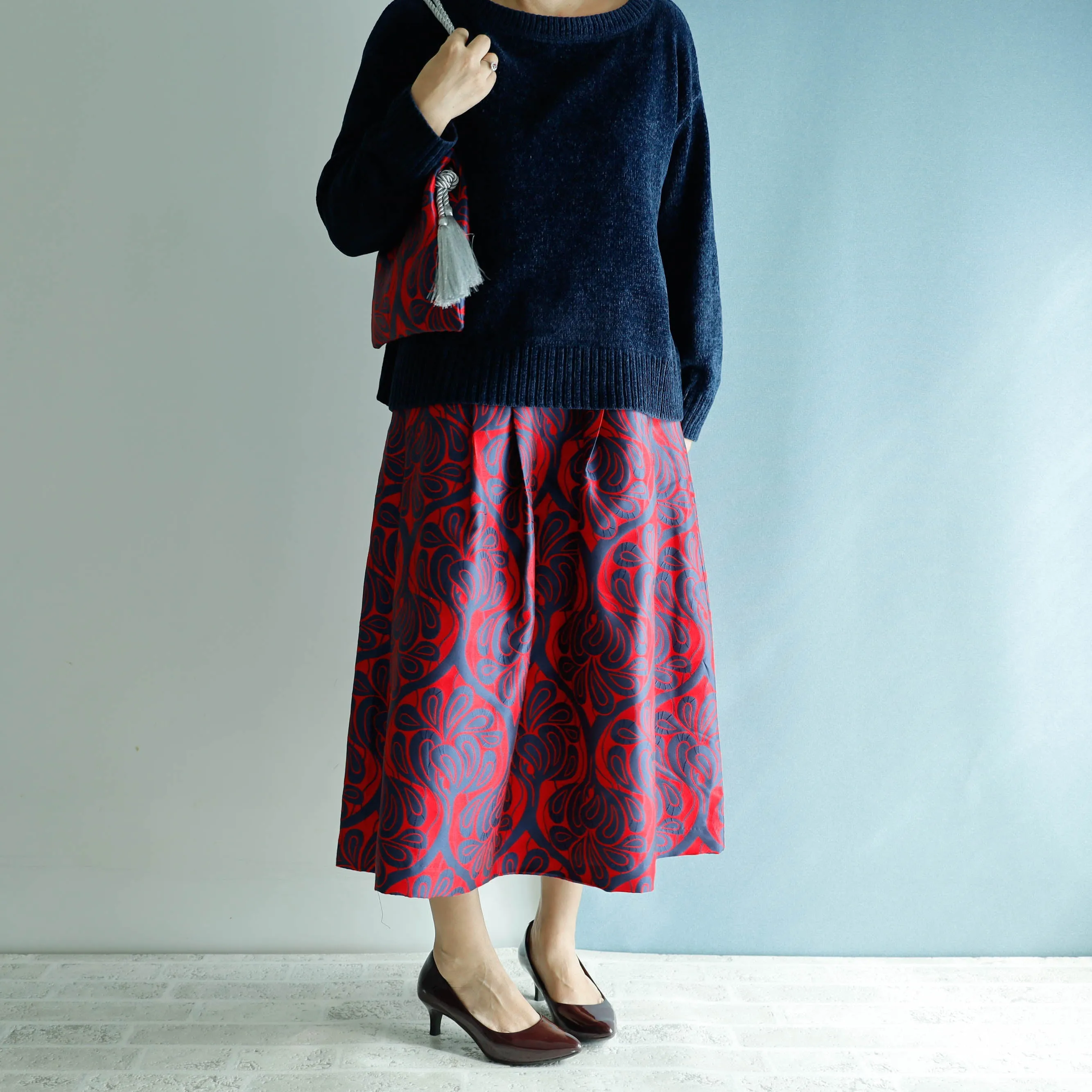 <S17C80>COVENT GARDEN WOVEN RED Skirt  -Length 80cm