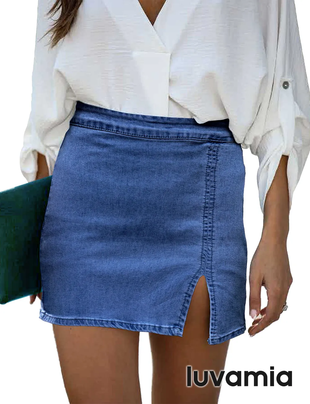 luvamia Jean Skirt for Women with Slit High Wasited Bodycon Stretch Pencil Mini Short Denim Skirts