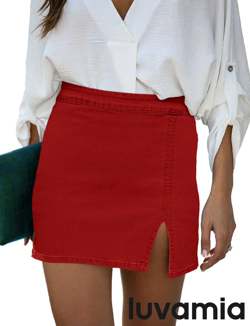 luvamia Jean Skirt for Women with Slit High Wasited Bodycon Stretch Pencil Mini Short Denim Skirts