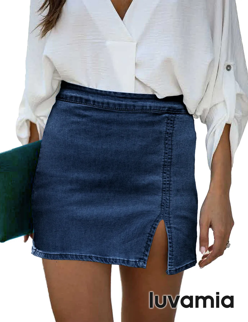 luvamia Jean Skirt for Women with Slit High Wasited Bodycon Stretch Pencil Mini Short Denim Skirts