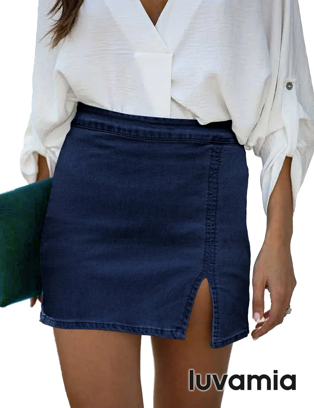 luvamia Jean Skirt for Women with Slit High Wasited Bodycon Stretch Pencil Mini Short Denim Skirts