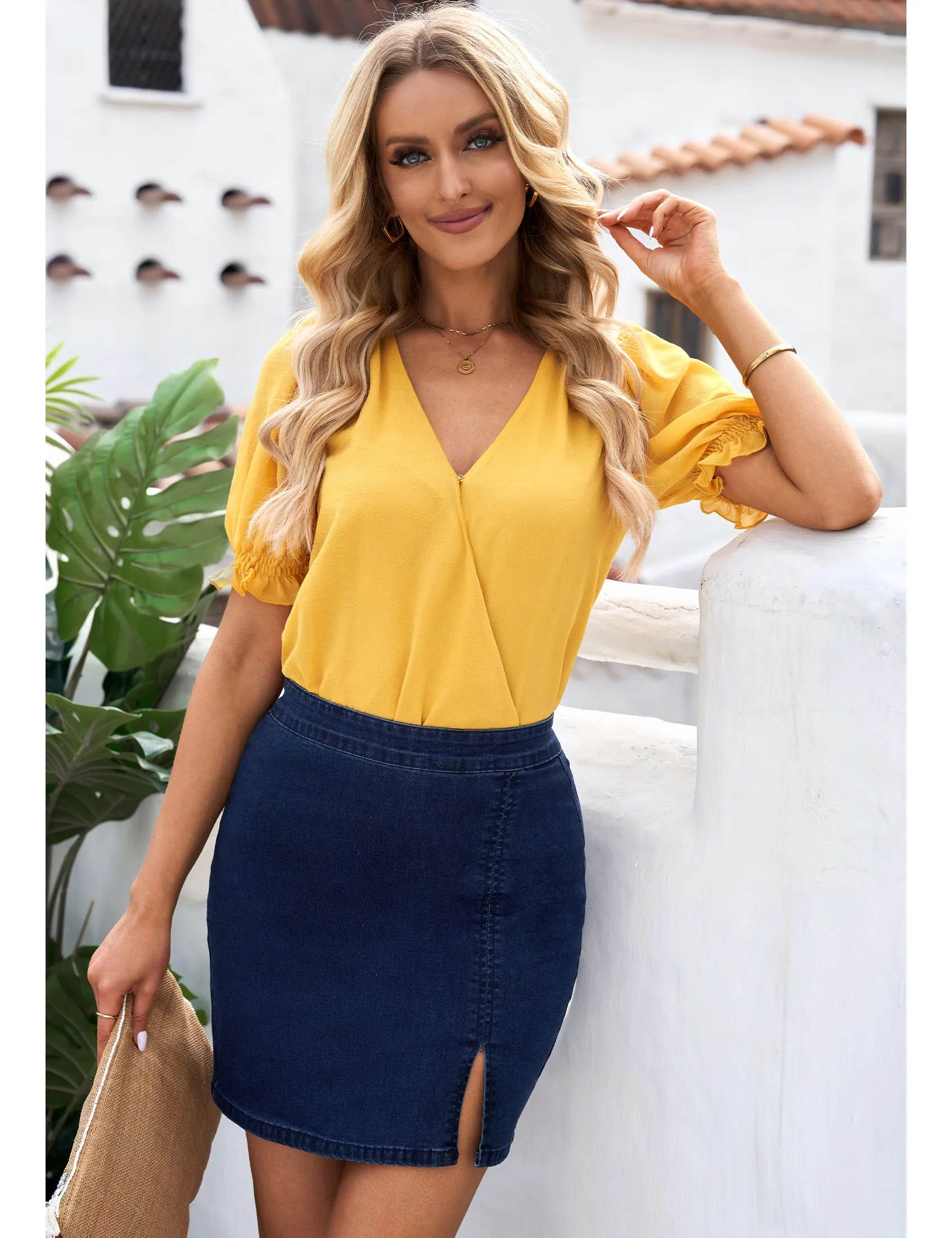 luvamia Jean Skirt for Women with Slit High Wasited Bodycon Stretch Pencil Mini Short Denim Skirts