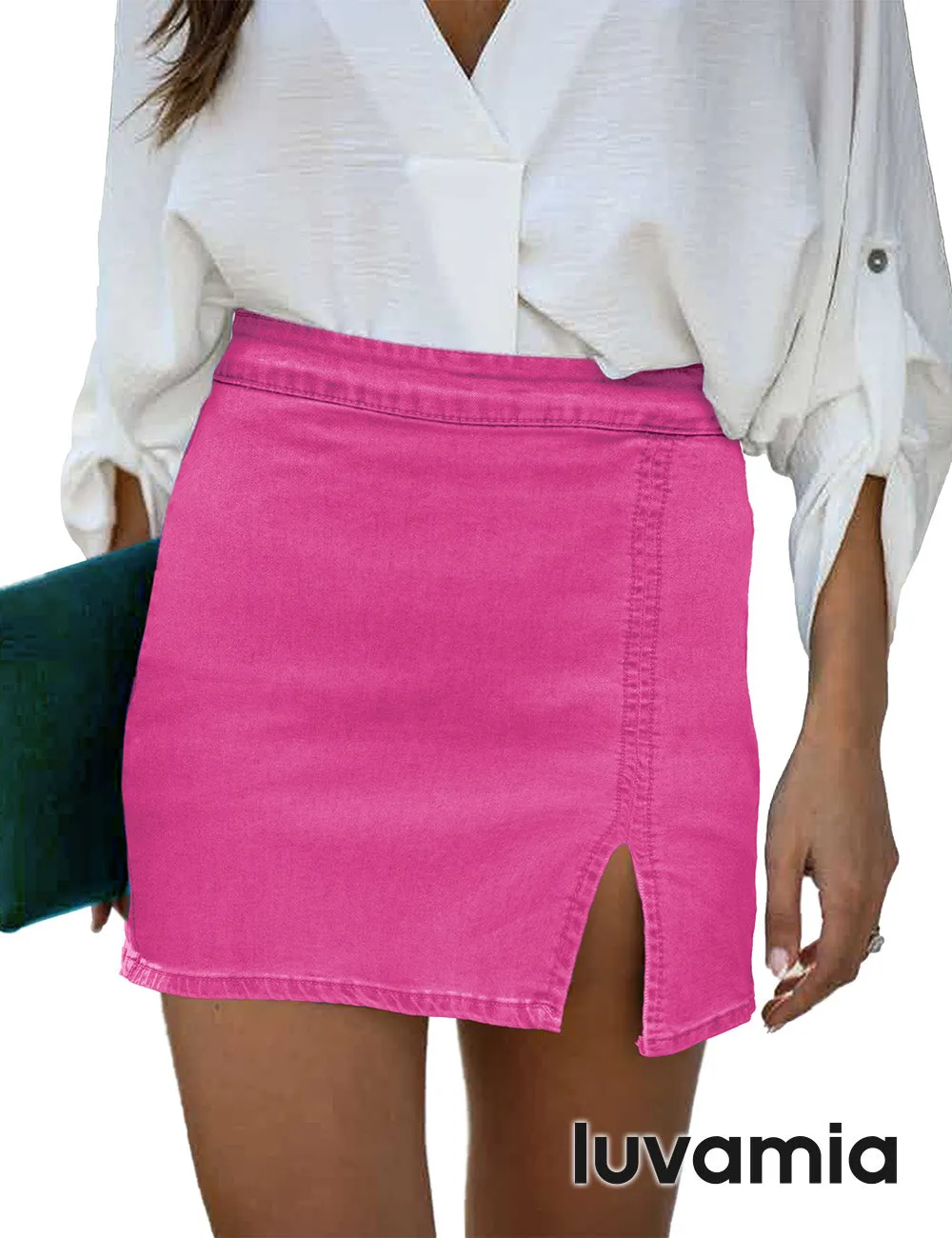 luvamia Jean Skirt for Women with Slit High Wasited Bodycon Stretch Pencil Mini Short Denim Skirts