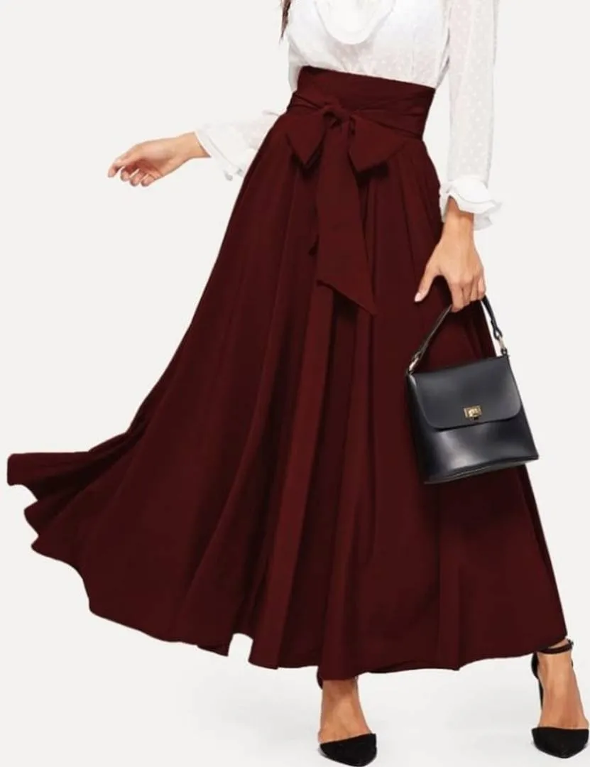 Maroon Solid Pleated Skirt