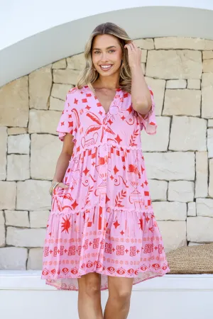 Miss Marlow - Noosa Palm Ric Rac Dress - Pink/Red