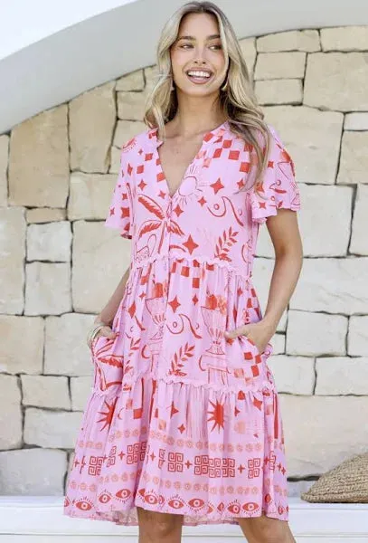 Miss Marlow - Noosa Palm Ric Rac Dress - Pink/Red