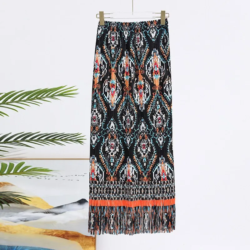 Miyake Pleated Printed Tassel A-Line Skirt