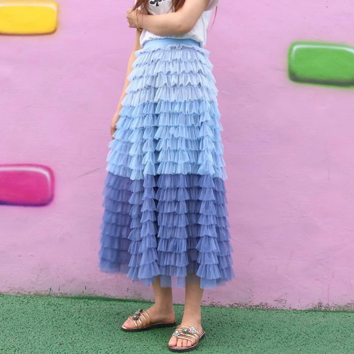 Ombre Colours Ruffle Maxi Skirt