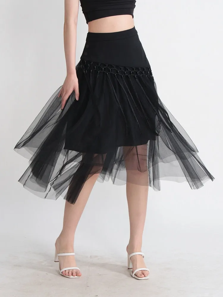 Patchwork Tassels Mesh A-Line Skirt