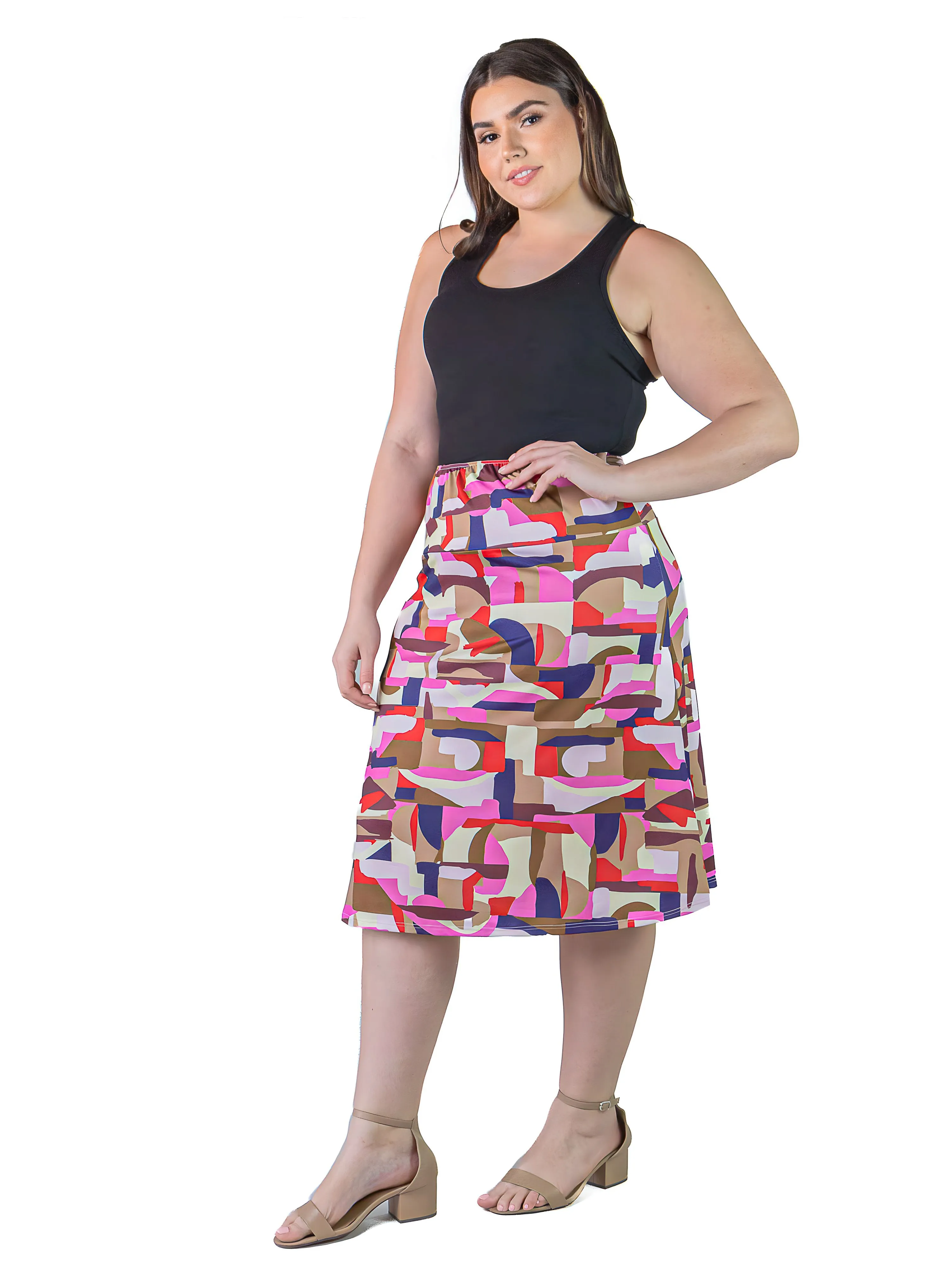 Plus Size Multicolor Abstract Print Elastic Waist Below Knee Length Skirt