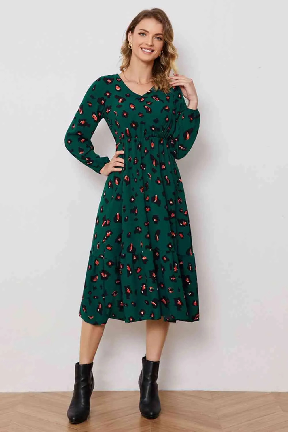 Printed Surplice Neck Long Sleeve Dress