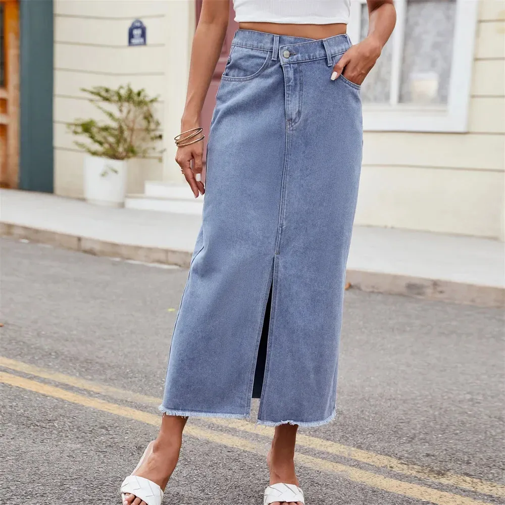 Raw Split Denim Long Hem Front Vintage Asymmetrical Streetwear Casual Skirt