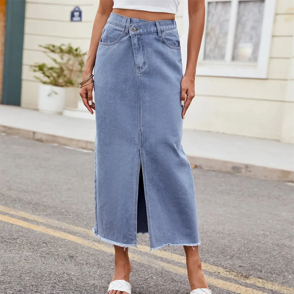 Raw Split Denim Long Hem Front Vintage Asymmetrical Streetwear Casual Skirt