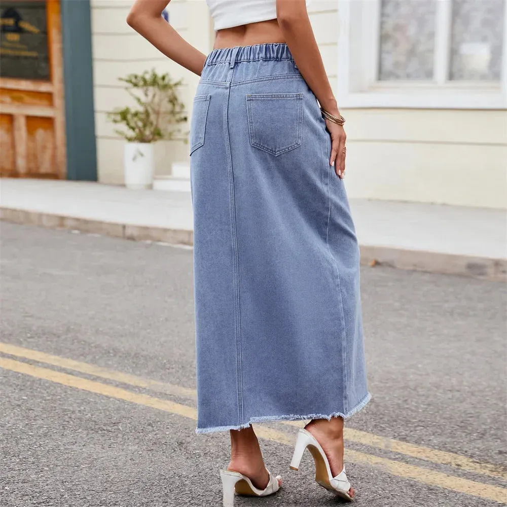 Raw Split Denim Long Hem Front Vintage Asymmetrical Streetwear Casual Skirt