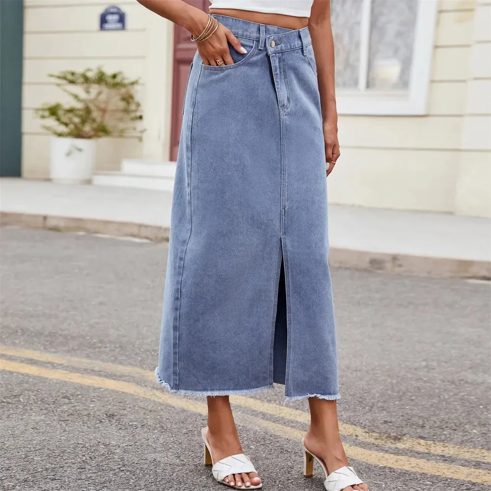 Raw Split Denim Long Hem Front Vintage Asymmetrical Streetwear Casual Skirt