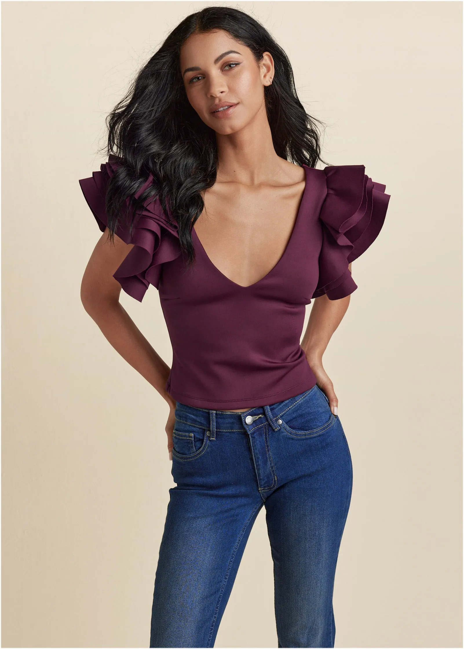 Ruffle Sleeve V-Neck Top - Wine