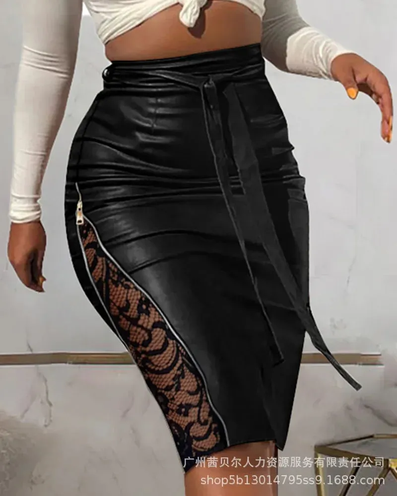 Sexy Split Slim Lace Splice Leather Skirt