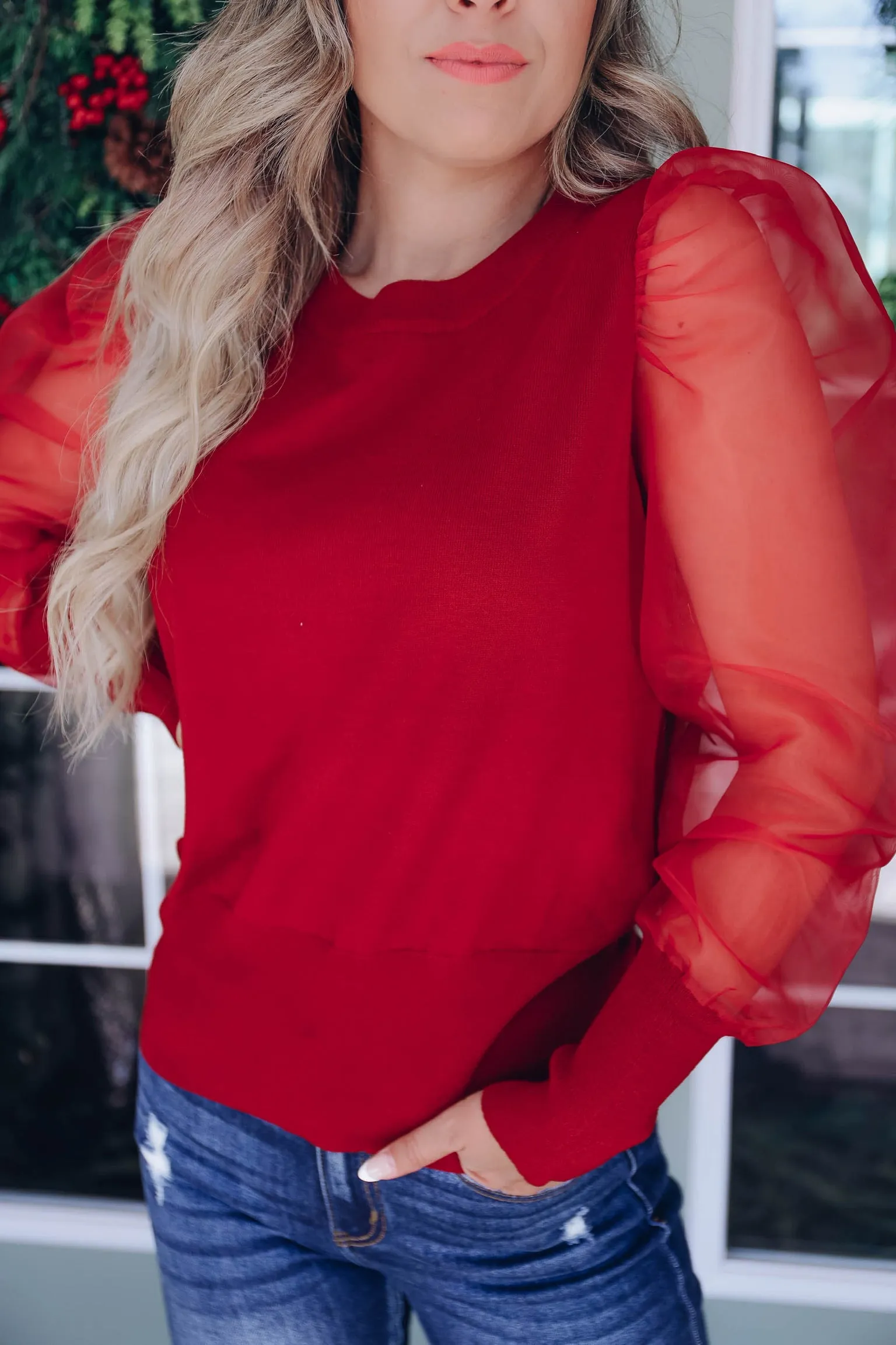 Sheer Flare Puff Sleeve Sweater