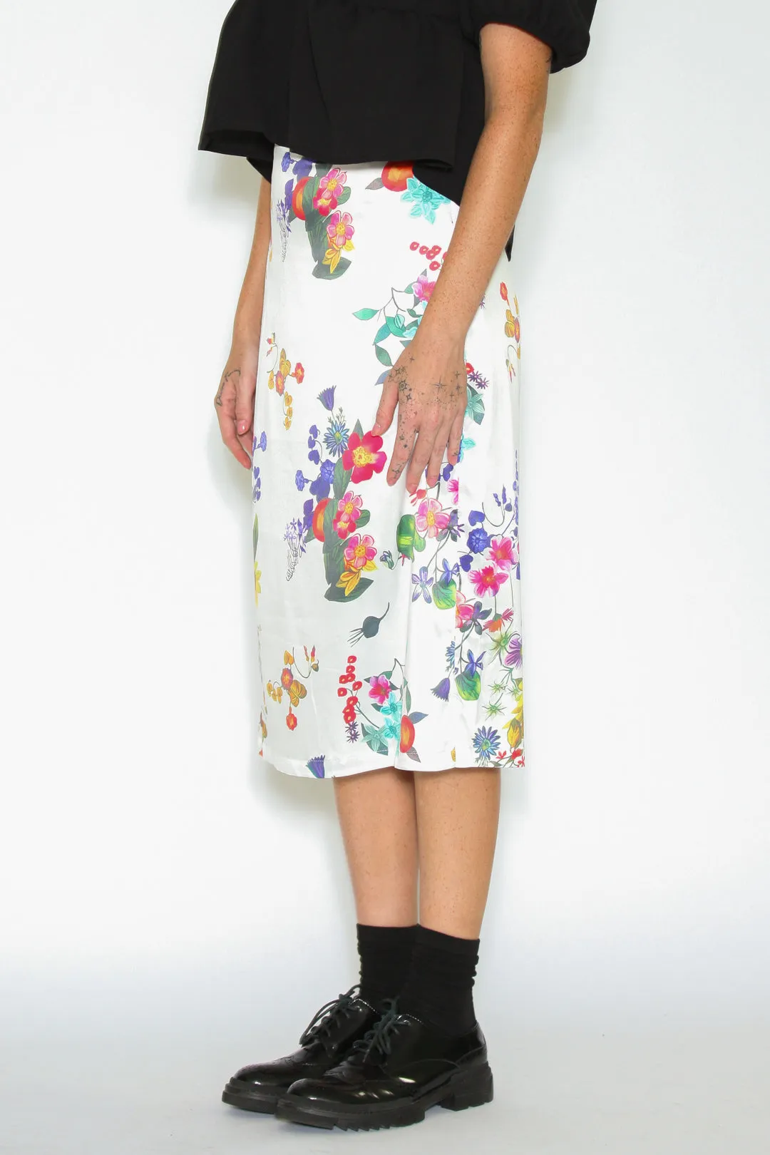 Silk Printed White Floral Midi Skirt