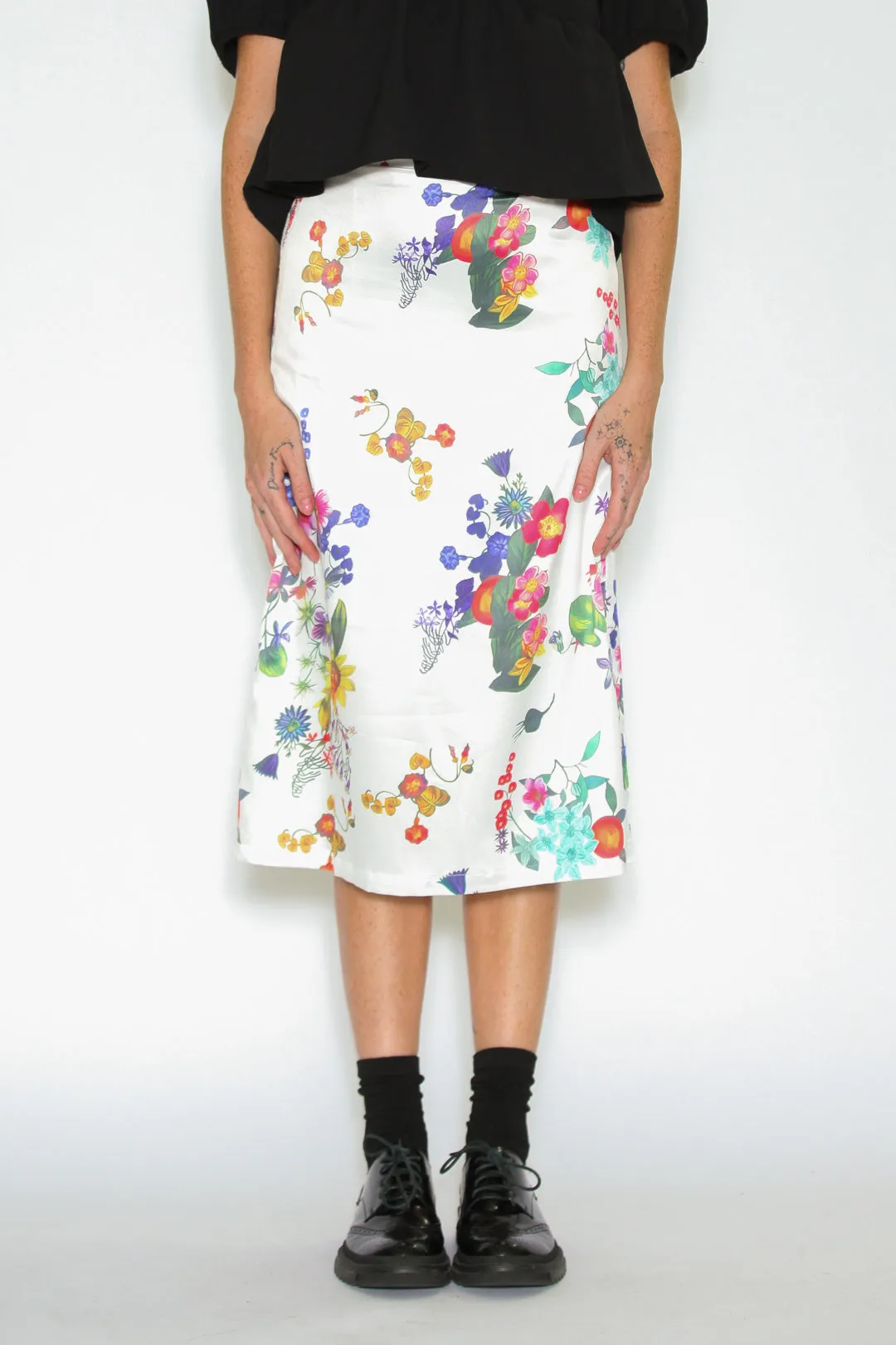 Silk Printed White Floral Midi Skirt