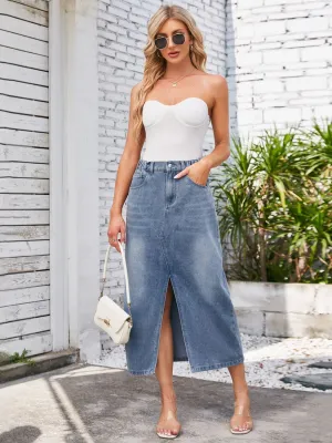 Slit Midi Denim Skirt with Pockets New Women's Fashion Long Jean Skirt Maxi