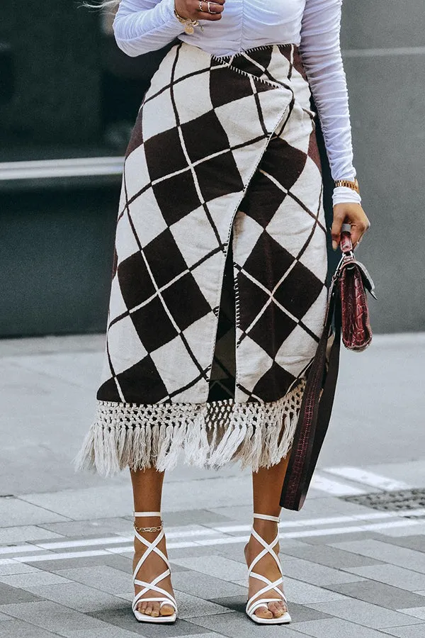 Stylish Argyle Pattern Fringe Hem Skirt