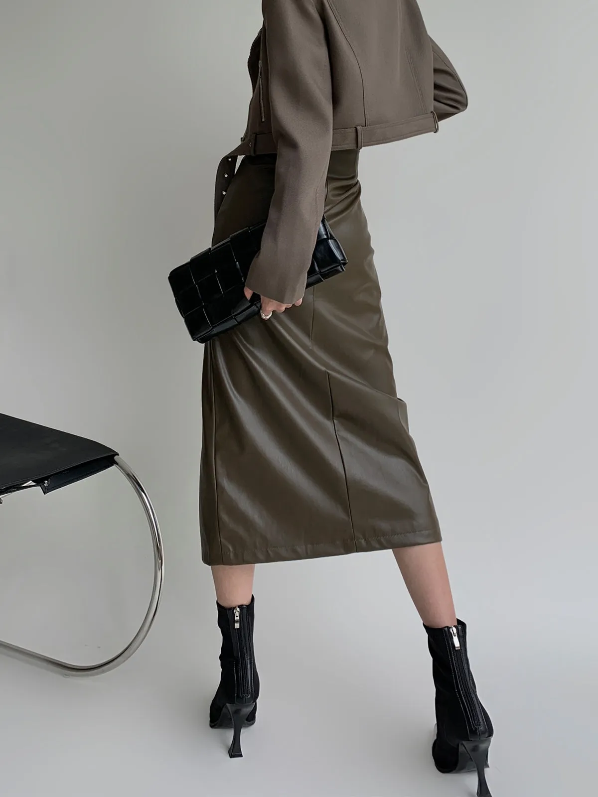 Stylish Vegan Leather Midi Skirt - Olive Green