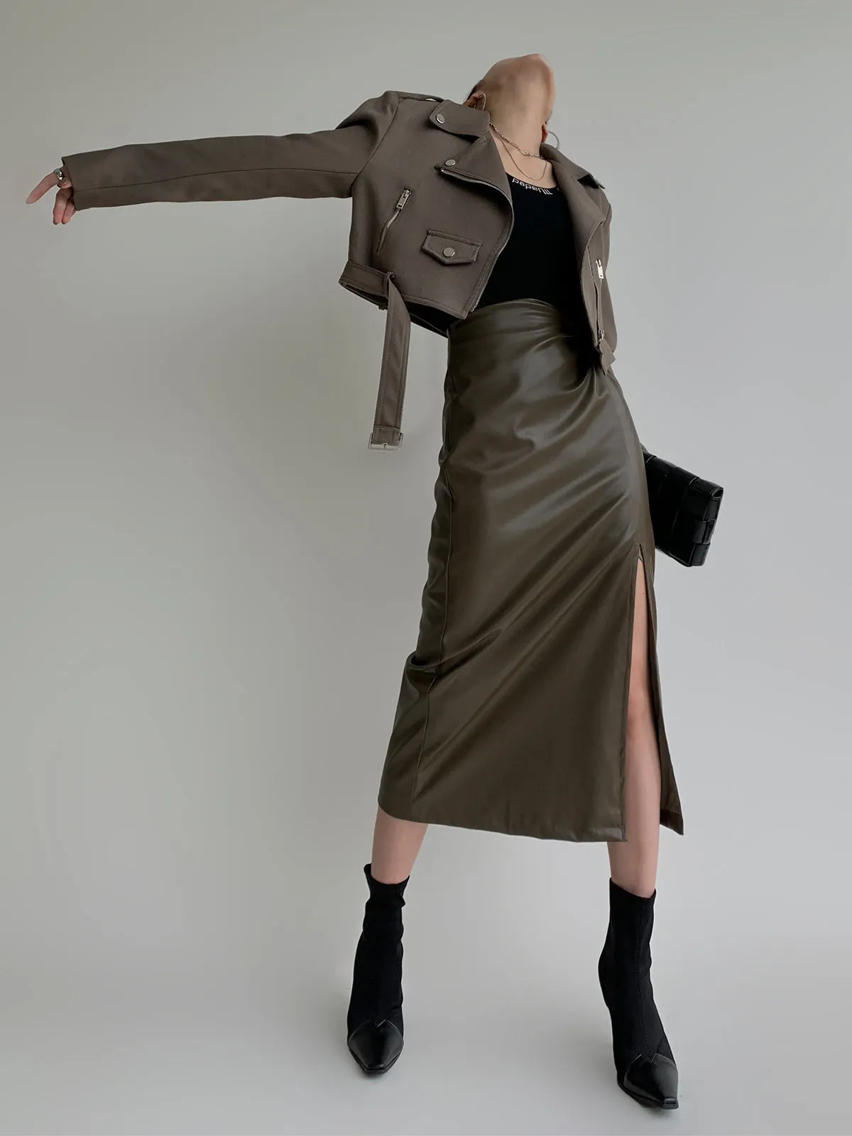 Stylish Vegan Leather Midi Skirt - Olive Green