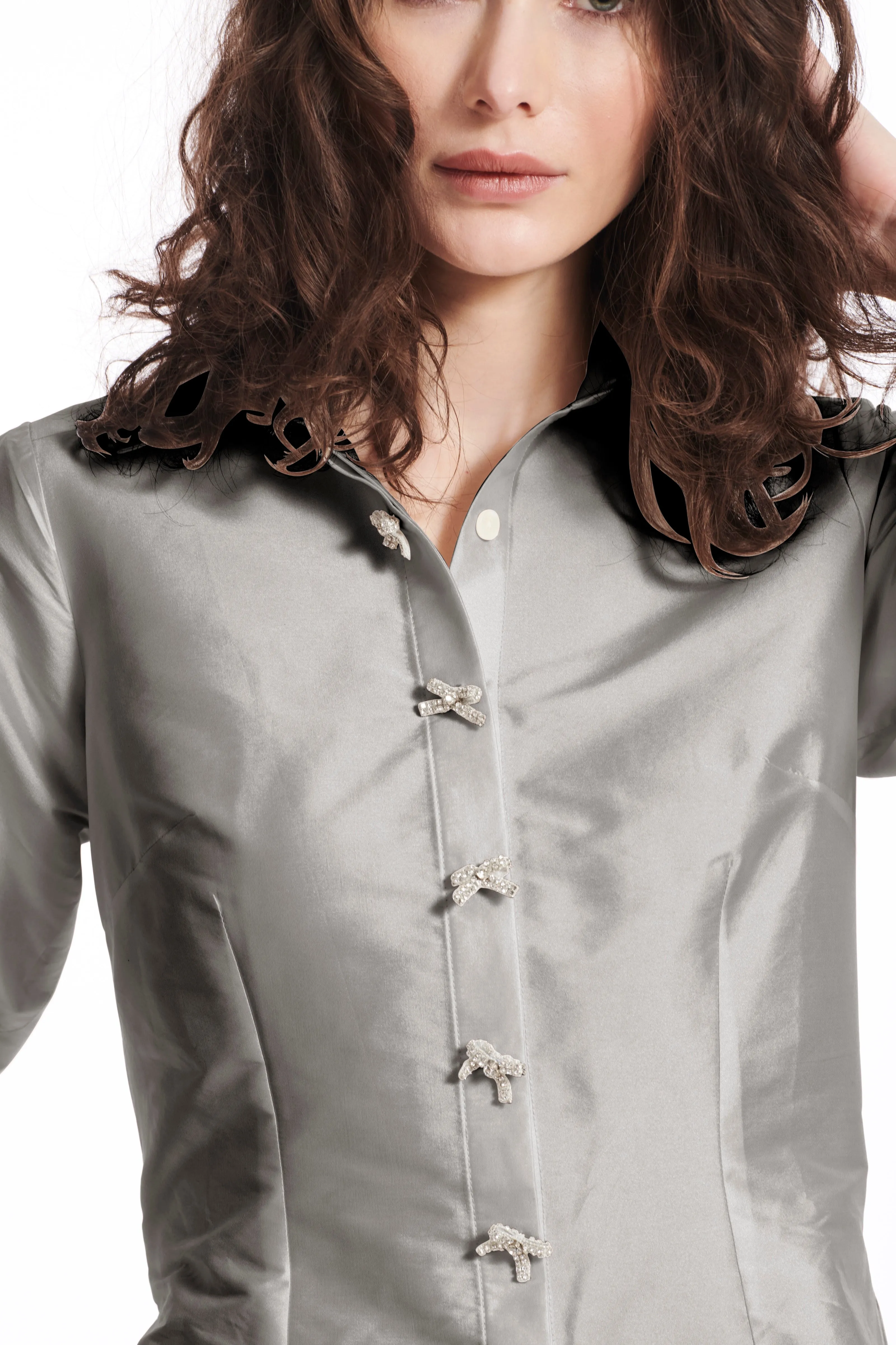 Taffeta Shirt With Crystal Bow Buttons